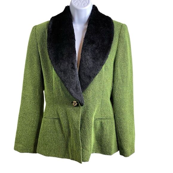 Vintage Clio Pistachio Green Jacket Size 4 Textured Blazer‎ Faux Fur Collar Glam - Picture 1 of 11